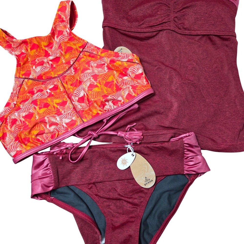 NWT Prana XS 3 Piece Swim Set Mix + Match Tankini Bikini Top Bottom Zebra Print